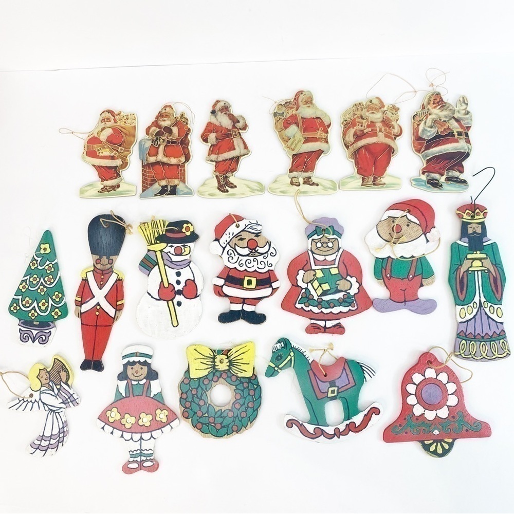 18 Total Vintage Ornaments 6 Merrimack 1987 Die Cut Santa & 12 Wood Dbl Sided